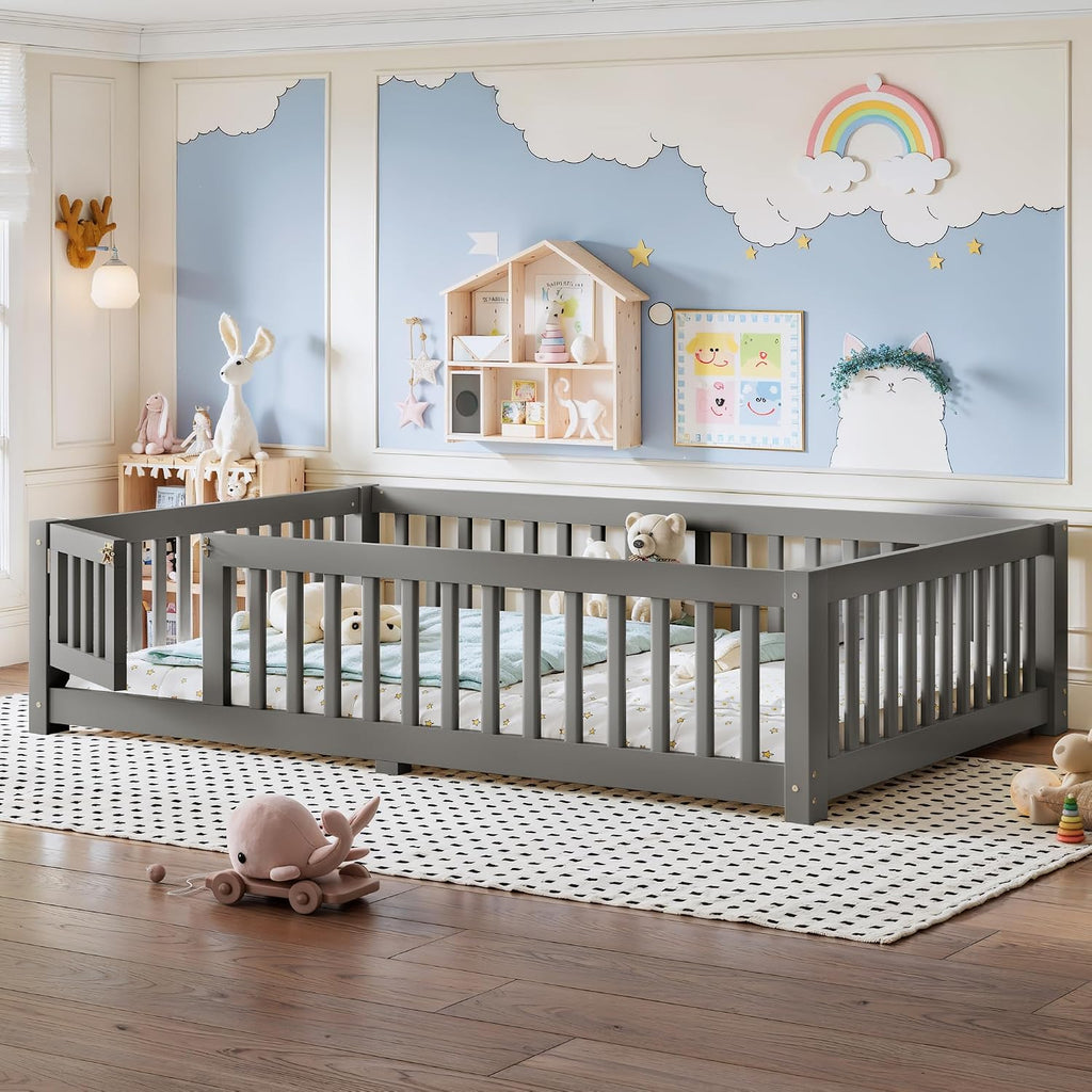 Full Size Montessori Floor Bed Frame with Slats and Fence for Kids, Gray