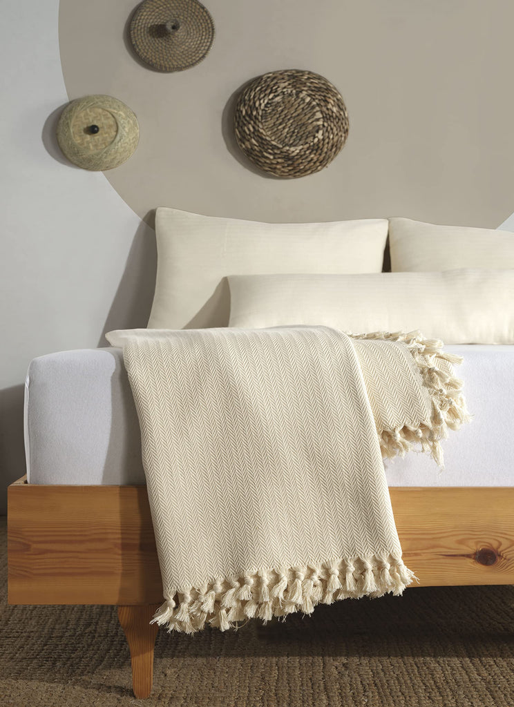 Handmade Undyed Natural Cotton Herringbone Large Throw Blanket with All-Around Fringes - Soft, Lightweight Sofa &