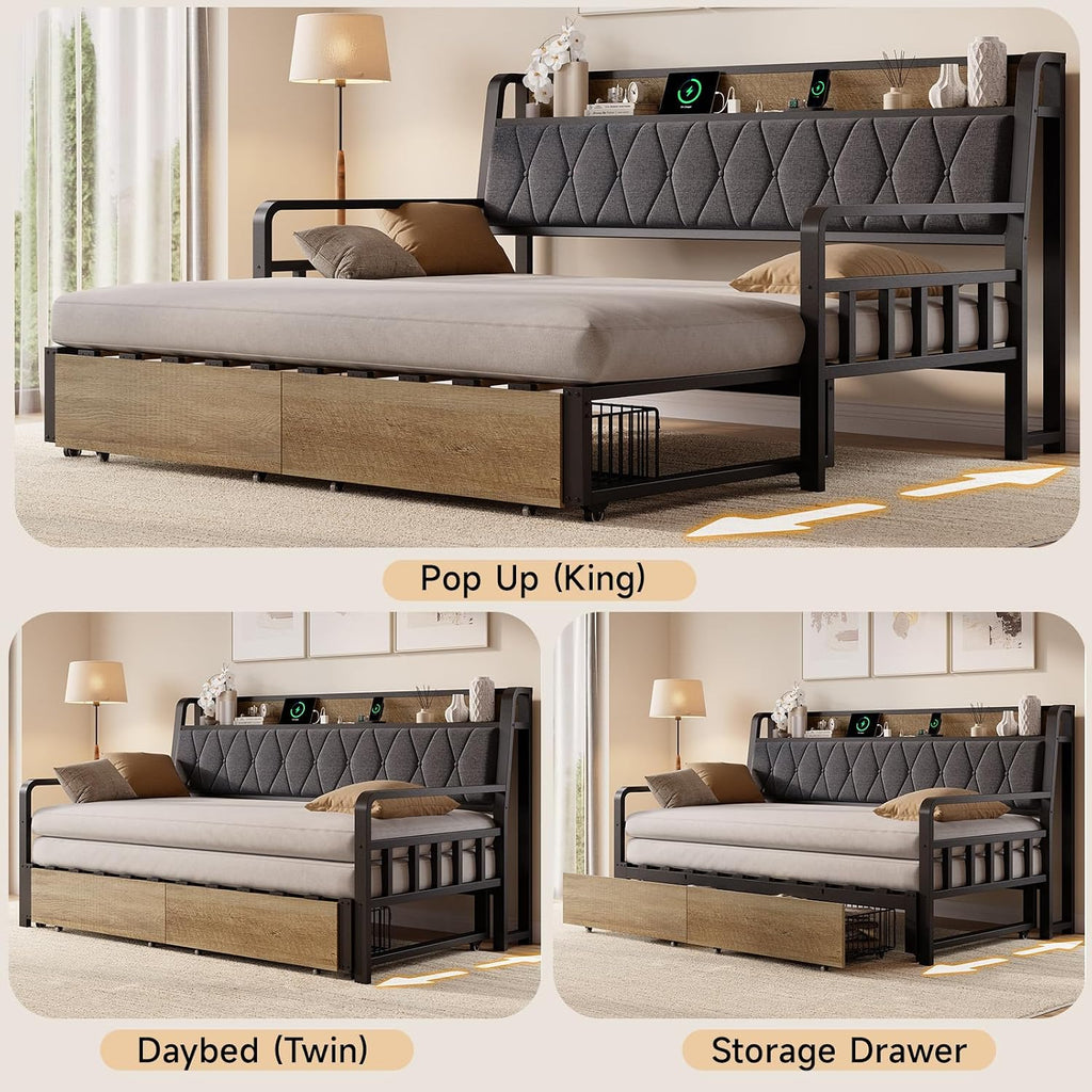 Twin Daybed with Pop up Trundle, Twin to King Daybed, Black | Metal Twin Day Bed Frame with Storage Drawers
