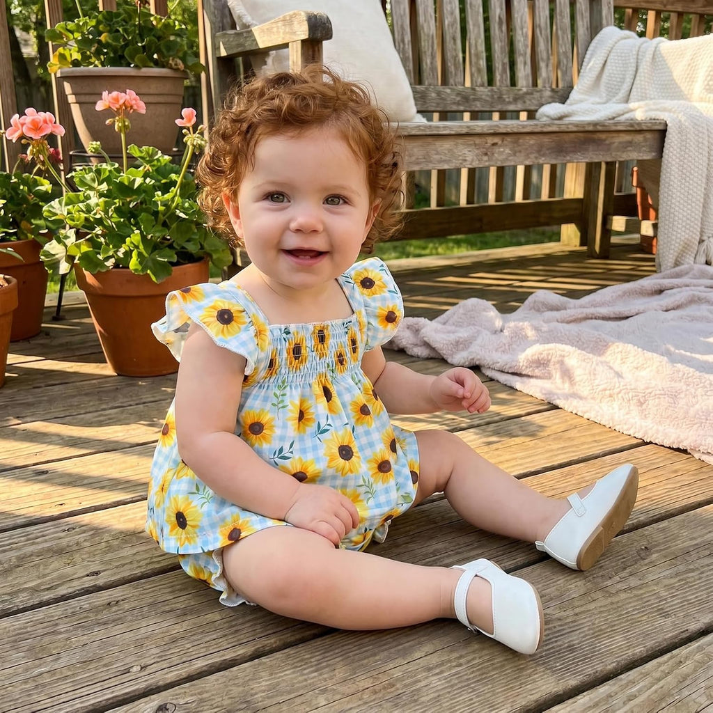 Baby Girl Watermelon Outfit Floral Ruffle Sleeve Top and Bloomer Shorts Set Infant Sunflower Outfit Plaid Clothes