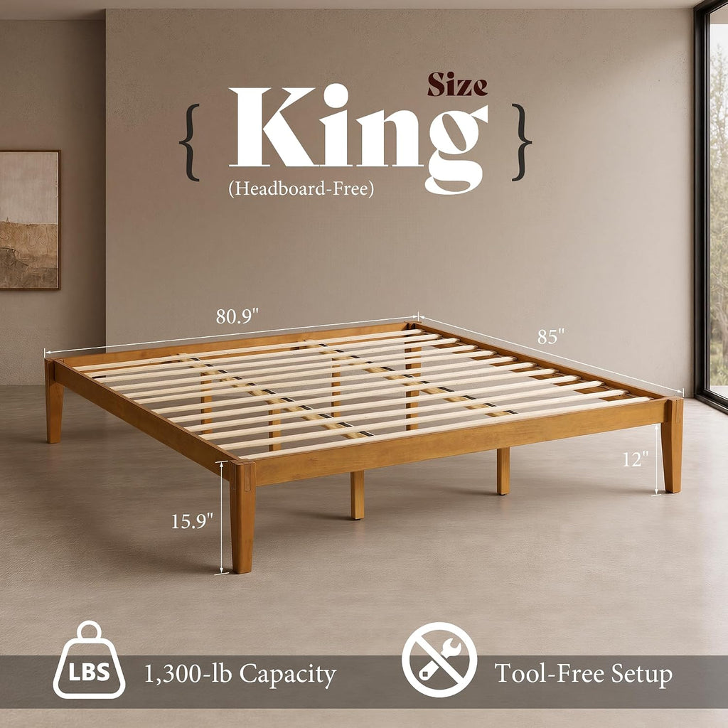 Solid Wood Bed Frame, Tool-Free, Japanese Joinery, Brown