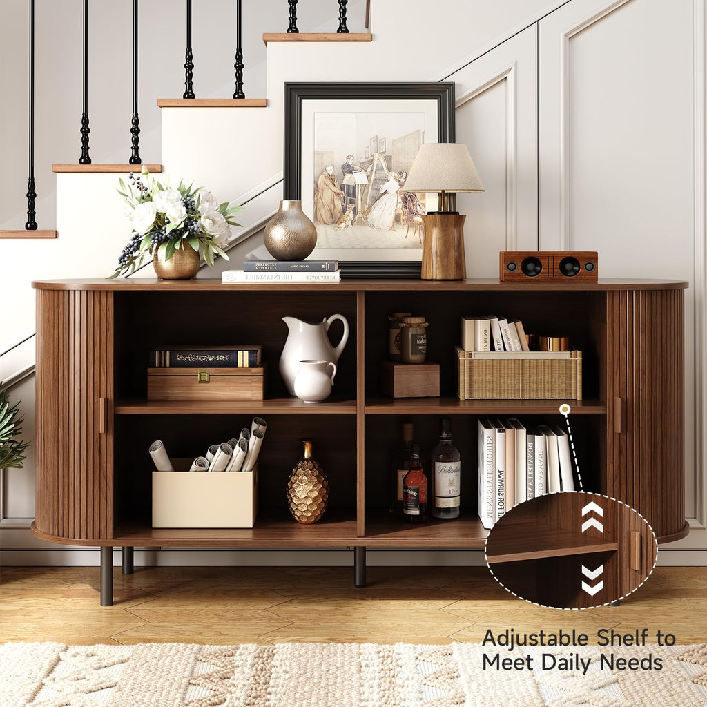 63" Sideboard Buffet Cabinet, Sliding Door/Adjustable Shelf, Walnut