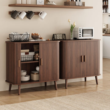 Set of 2 Fluted Sideboard Buffet Cabinets, 31.5" Each, Mid-Century Modern Wood Sideboard with Sliding Door Storage