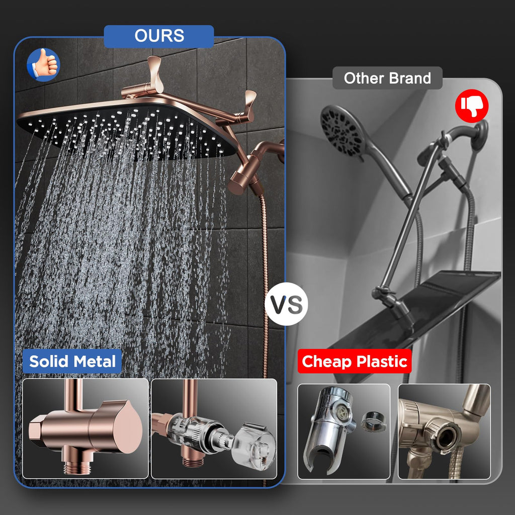 Rose Gold 11.8" High Pressure Shower Head with Handheld, Easy Install