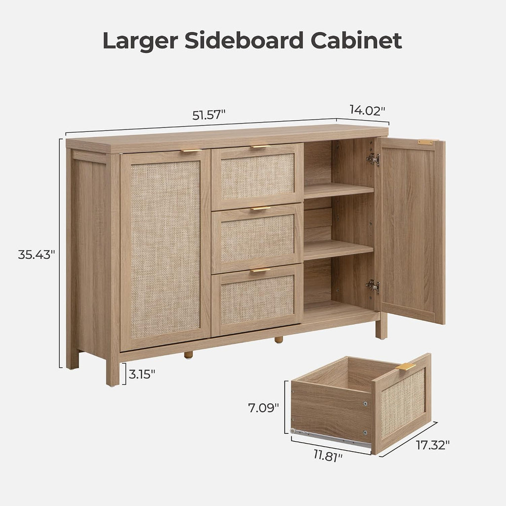 52 Inch Sideboard Buffet Cabinet with Storage, Rattan Credenza | Farmhouse Boho Coffee Bar Cabinet Storage Cabinet
