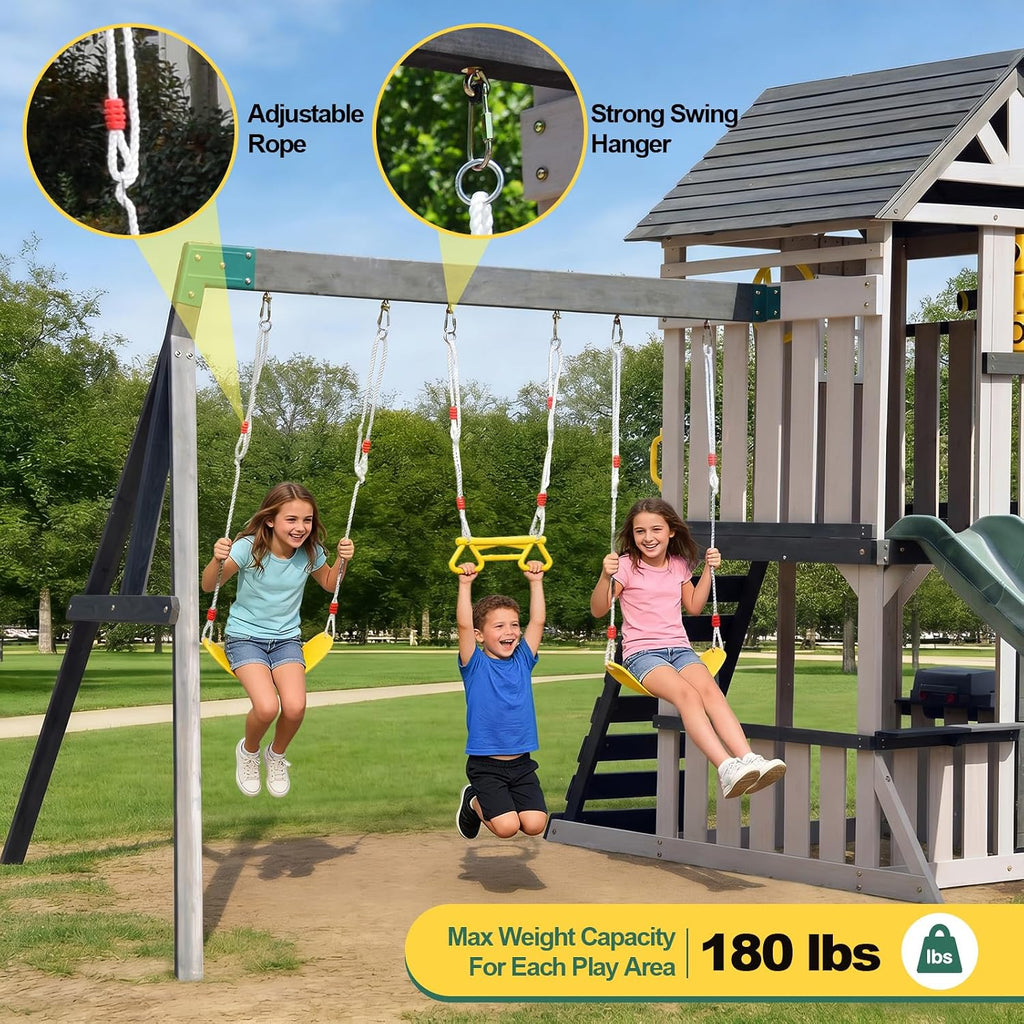 Cedar Wood Swing Set with Slide,Rock Wall,Belt Swings,Tic-Tac-Toe, Play Kitchen for Kids Backyard Outdoor