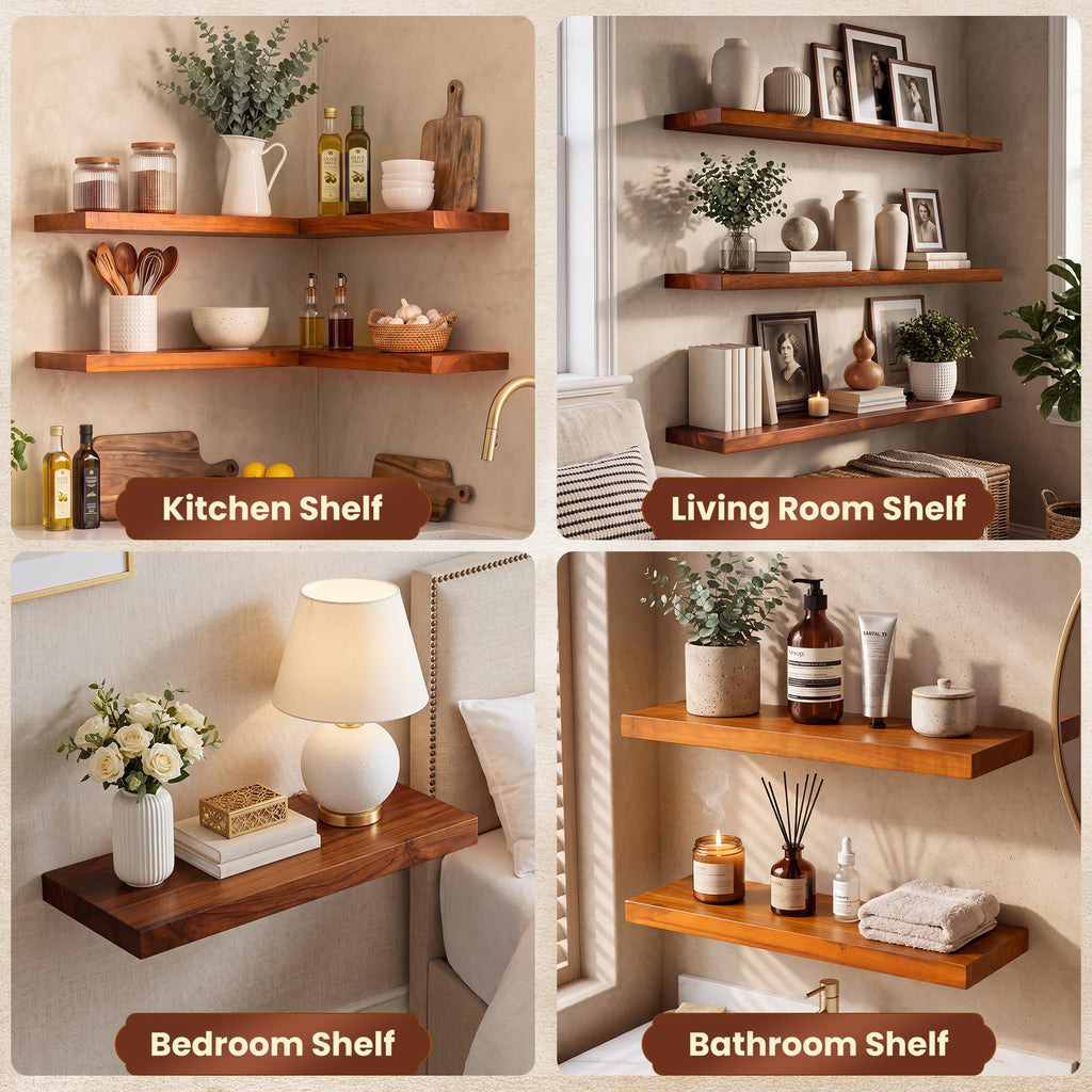 48" Solid Teak Floating Wall Shelf, Water Resistant & Sturdy Decor