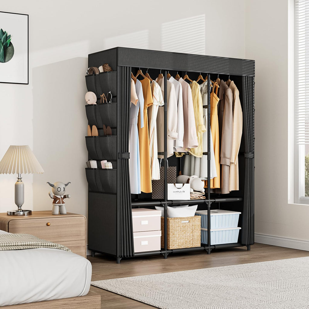 Wardrobe Closet Portable Closets for Hanging Clothes Large Capacity Clothes Rack with Cover, 3 Hanging Rods, 6