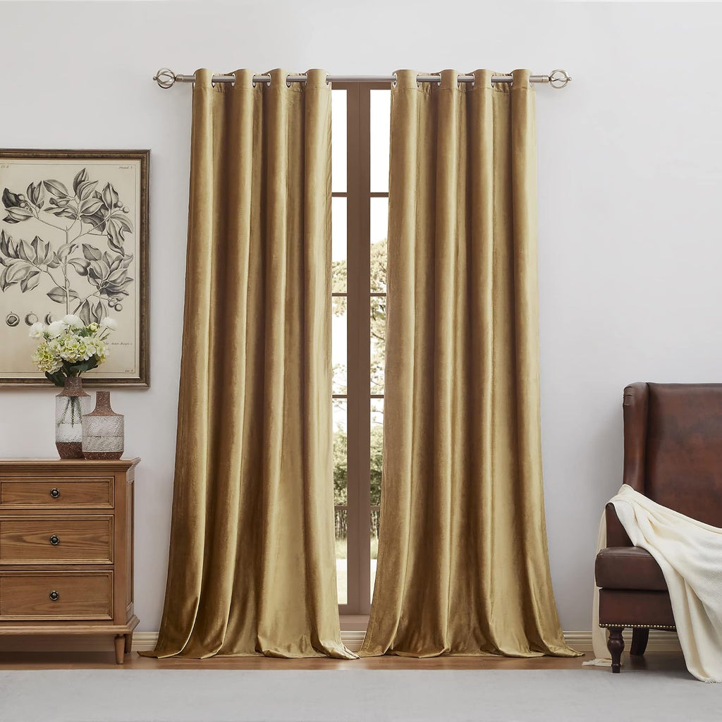 100% Blackout Velvet Window Curtains Gold 84 inch Long, Room Darkening Curtains Heavy Thermal Insulated Grommet