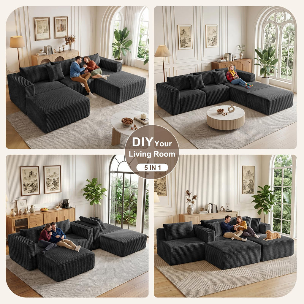 Boneless Couches - 110" U Shaped Modular Sectional Sofa with Ottoman Oversized Deep Seat Corduroy No Assembly Memory