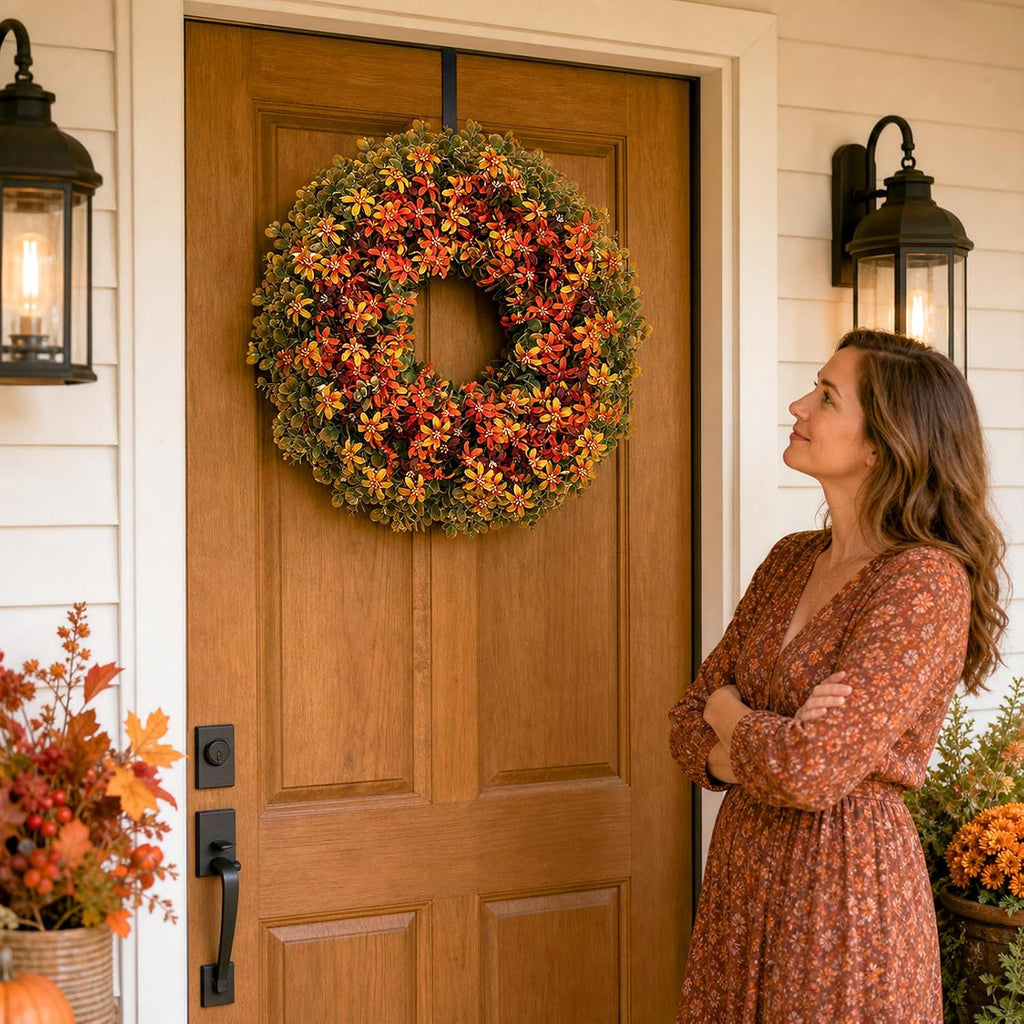 Fall Door Boxwood Wreath, 24 Inch Autumn Wreaths with Hanger