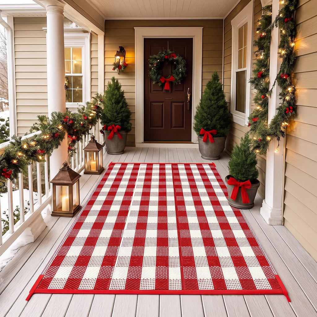 Red White Buffalo Plaid Rug 4' x 6' for Christmas Outdoor Decor