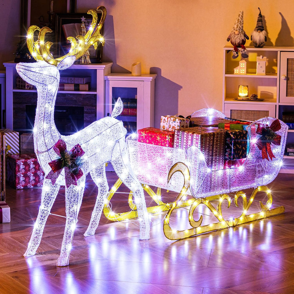 6 FT Christmas Lighted Reindeer & Santa's Sleigh Set, Cold White