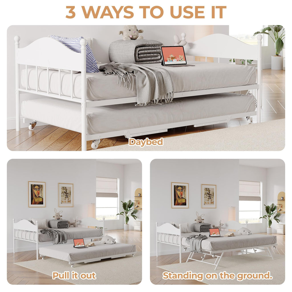 Daybed with Trundle, Metal Twin Size Day Bed with Stylish Headboard, Sofa BedFrame with Pop Up Foldable Trundle Bed