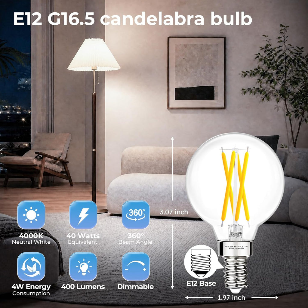E12 Candelabra G16.5 Globe LED Bulb, 4000K Neutral White, 40W Equivalent