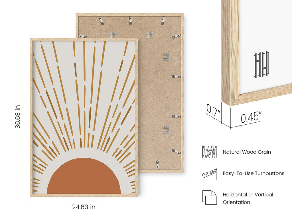Bohemian Mid Century Modern Wall Art - Boho Art, Neutral, Sun Wall Decor (Beige Frame, 24x36)