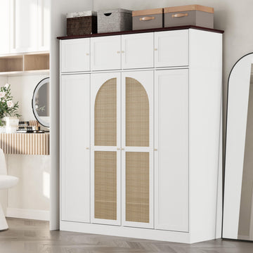 4 Doors Large Armoire Wardrobe Closet with Rattan Doors, 70.87" Tall Freestanding Wooden Closet Wardrobe Cabinet with