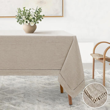 Linen World Hemstitch Linen Tablecloth, French Linen Natural Tablecloth 90" x 60" Inch, Washable Rectangular Table