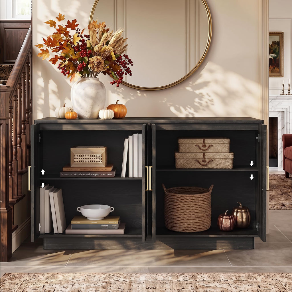 55" Fluted Buffet Cabinet with Storage, Modern Credenza, Black