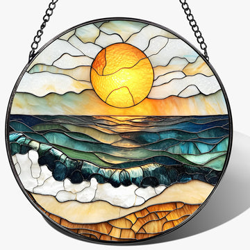 8-Inch Stained Glass Ornament, Stained Glass Window Hanging, Window Hanging Decor Suncatcher, Beach Sunset Ornament