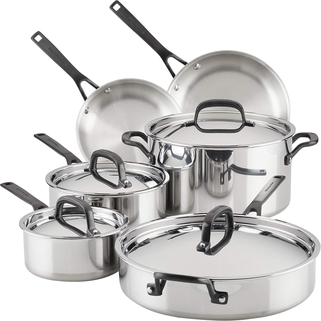 5-Ply Clad Stainless Steel Cookware Induction Pots and Pans Set, 10-Piece, Polished Stainless Steel
