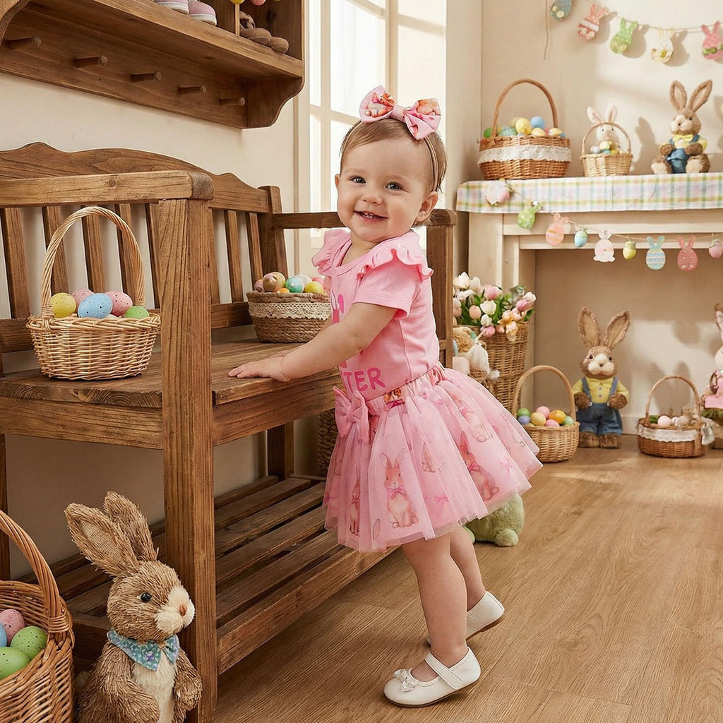 My First Easter Baby Girl Outfit Newborn 1st Letter Romper Bunny Tulle Tutu Skirt Girl Baby Dress (Pink