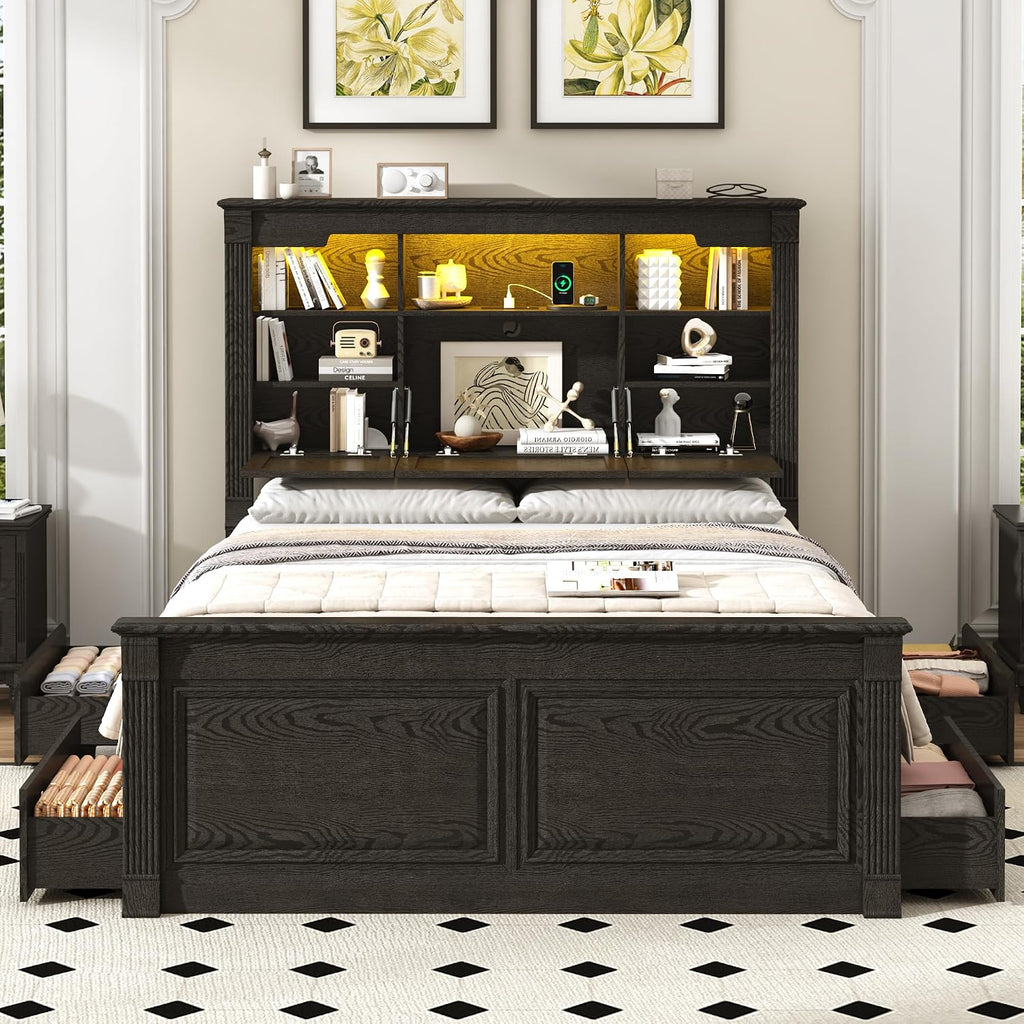 Farmhouse Queen Bed Frame with 55" Tall Storage Headboard & 4 Drawers, Wood Roman Column Platform Bed Frame with 24"