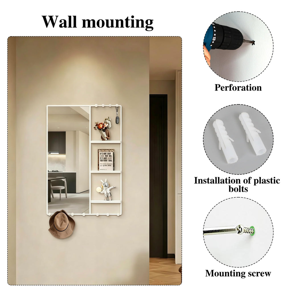 38" X 26" White Wall Mounted Mirror for Wall, Full Length Mirror with Shelf and Hooks, Large Wall Mirror with 3 Trays