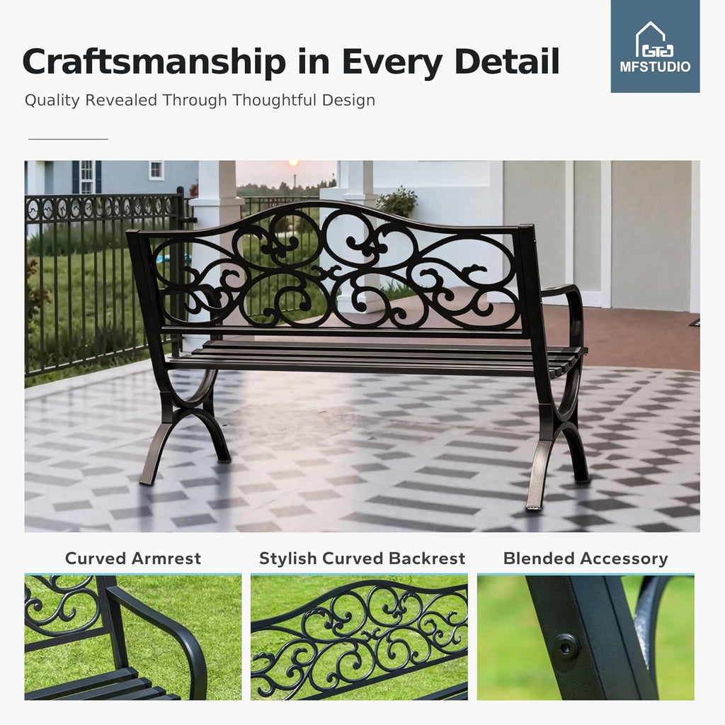 50 Inches Outdoor Garden Bench Cast Iron Metal Frame, Floral Black | E-Coating Anti-Rust Finish, Weatherproof Outdoor