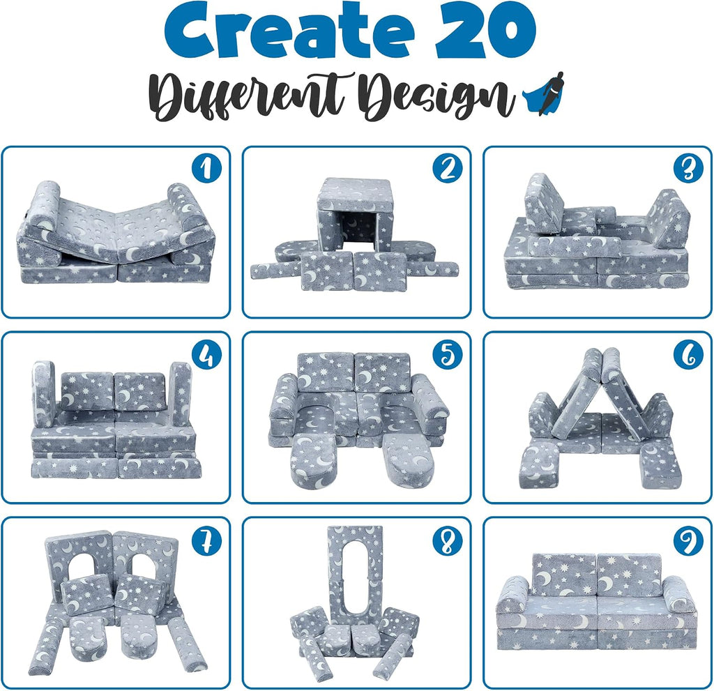 Seater Modular Kids Play Couch - 10pc Glow in the Dark Creative Kids Couch for Playroom, Living Room, and Bedroom