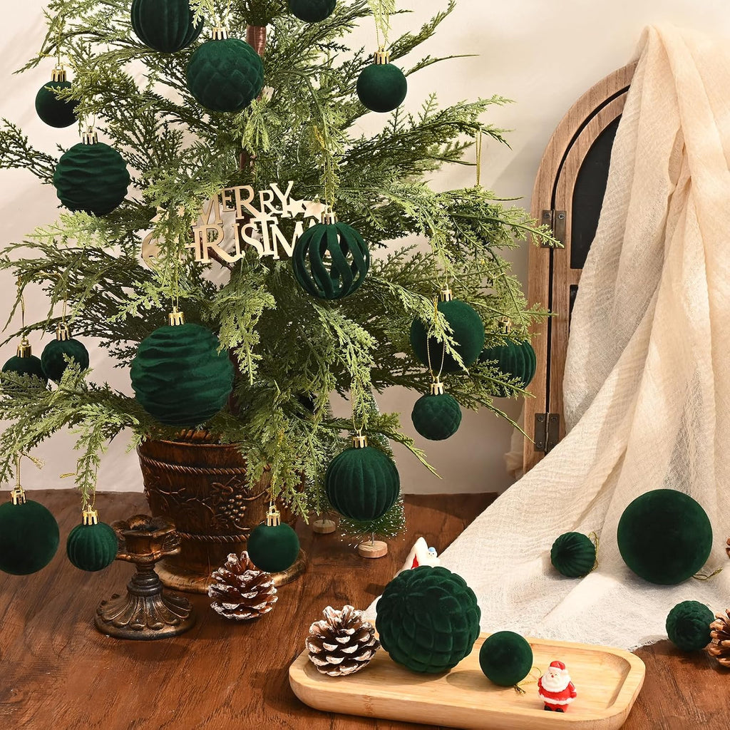 Velvet Ornaments Dark Green Flocked Christmas Ornaments Shatterproof Hanging Ball Set for Xmas Winter Holiday - Set of 38