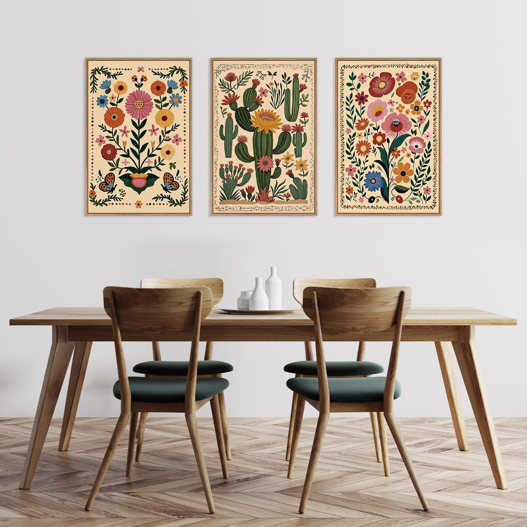 Boho Wildflower Wall Art Canvas,Mid Century Floral Wall Art,Butterfly Flower Artwork Watercolor,Cactus Framed