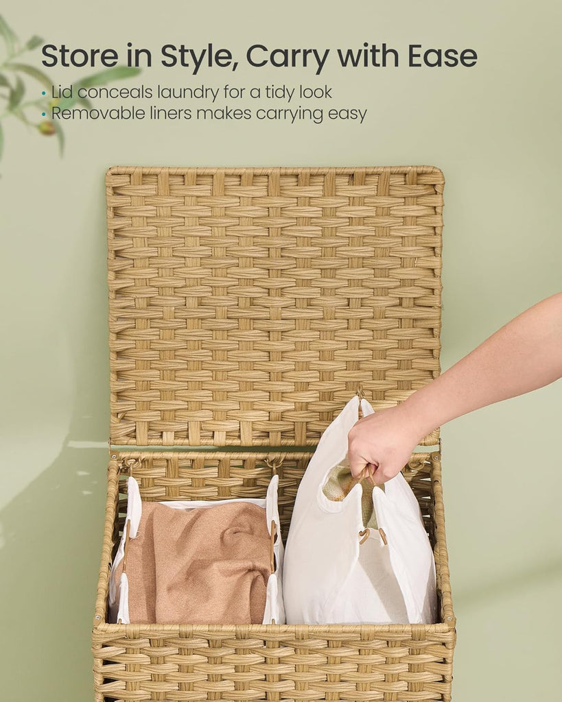 2-Section Laundry Hamper with Lid, 29 Gal (110L) PE Rattan Laundry Basket with Removable Washable Liners, Goose