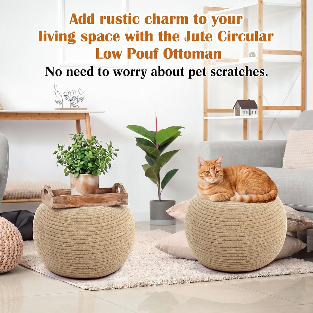 2 Pcs Round Cotton Knitted Low Pouf Ottoman | Braided Floor Seating Cushion, 16" x 16" x 8" Natural Foot Rest Stool