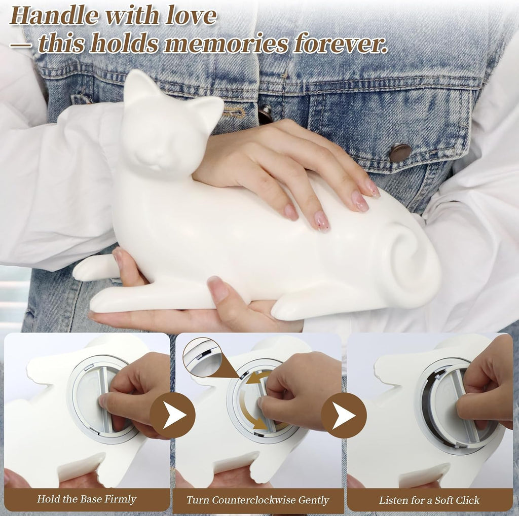 Lying Cat Urns for Ashes White Ceramic Pet Memorial Cremation, White