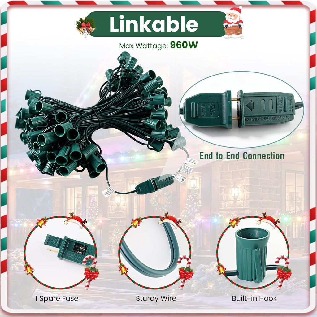 100FT C9 Light Strand, Christmas Stringer with 100 Sockets(E17/C9) for Outdoor String Lights, Connectable Christmas