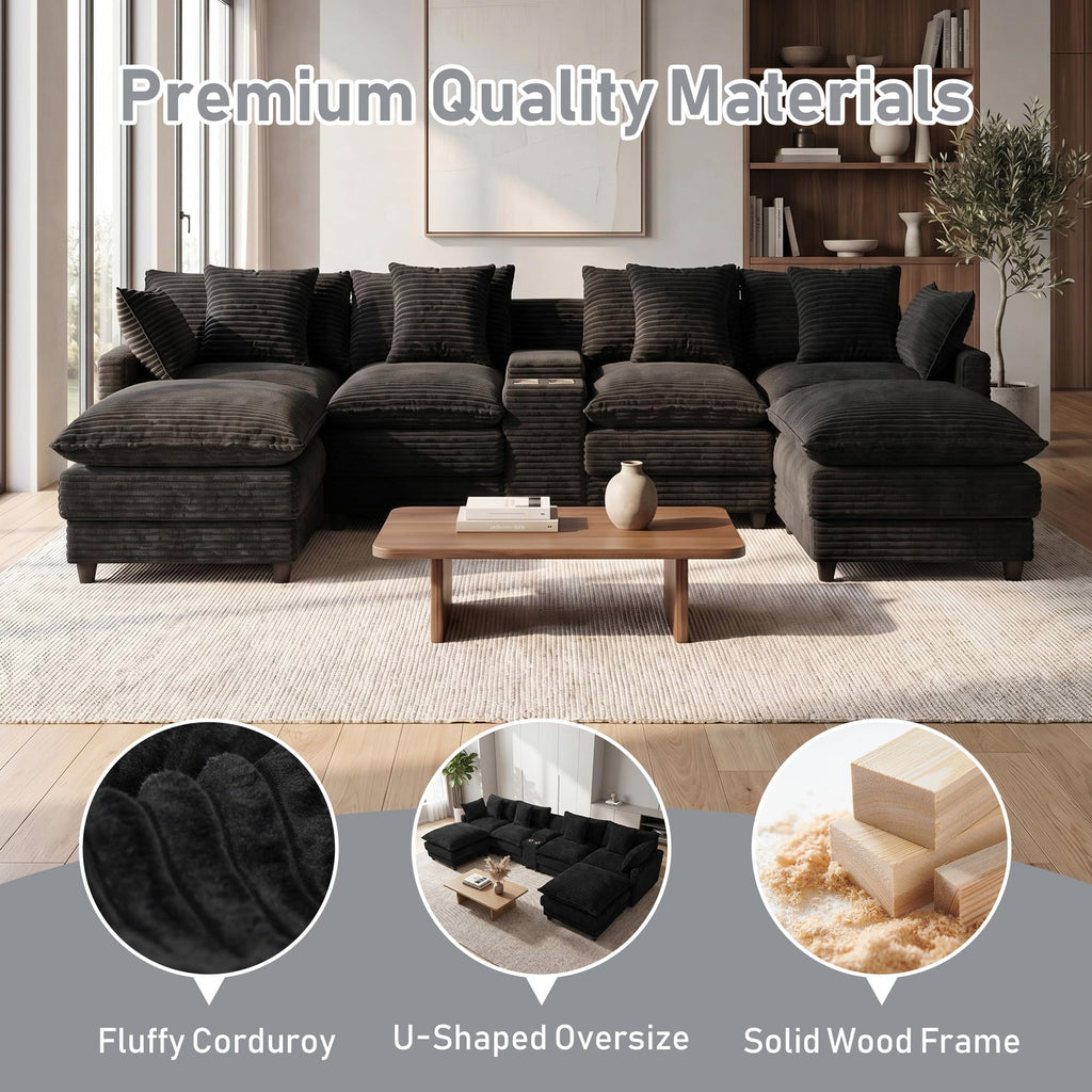 143" Oversized U-Shaped Cloud Sectional Sofa, Black
