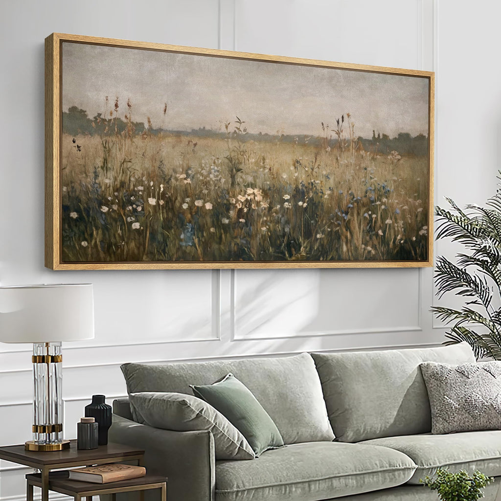 Extra Large Framed Canvas Print Wall Art Wildflower Meadow Soft Vintage Pastoral Landscape Illustrations Modern Art