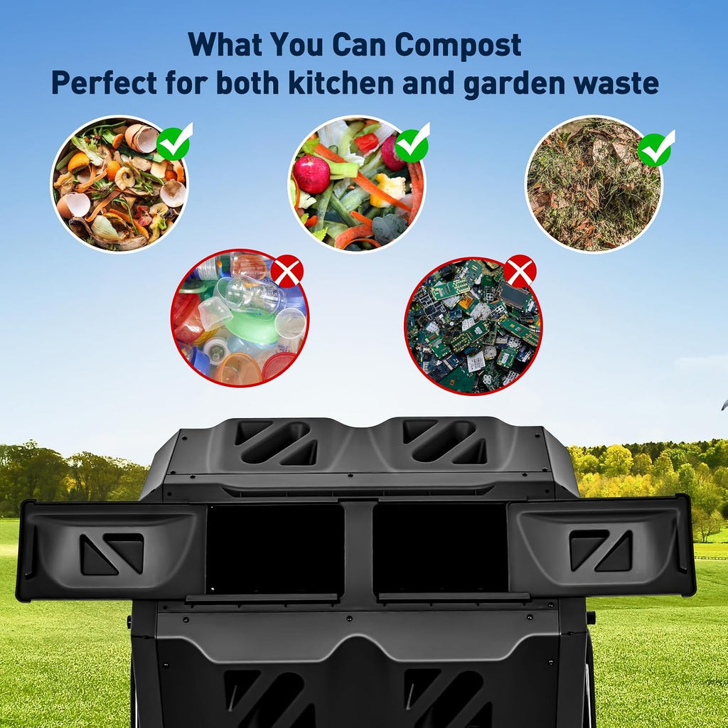 Dual Chamber Compost Bin Outdoor with Sliding Doors, 43 Gallon | 360° Rotating Tumbling Composter, Efficient