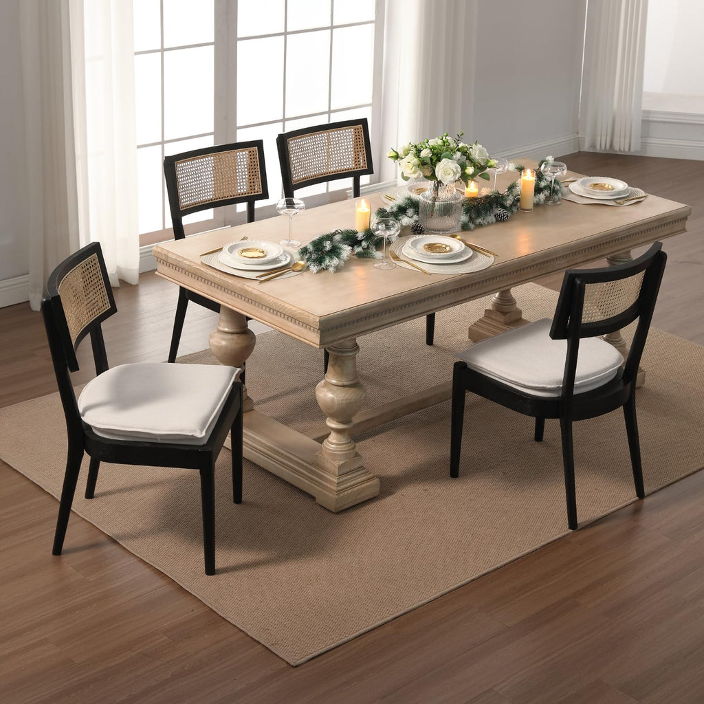 Rattan Dining Chairs Set of 4, Linen Upholstered Kitchen Chairs
