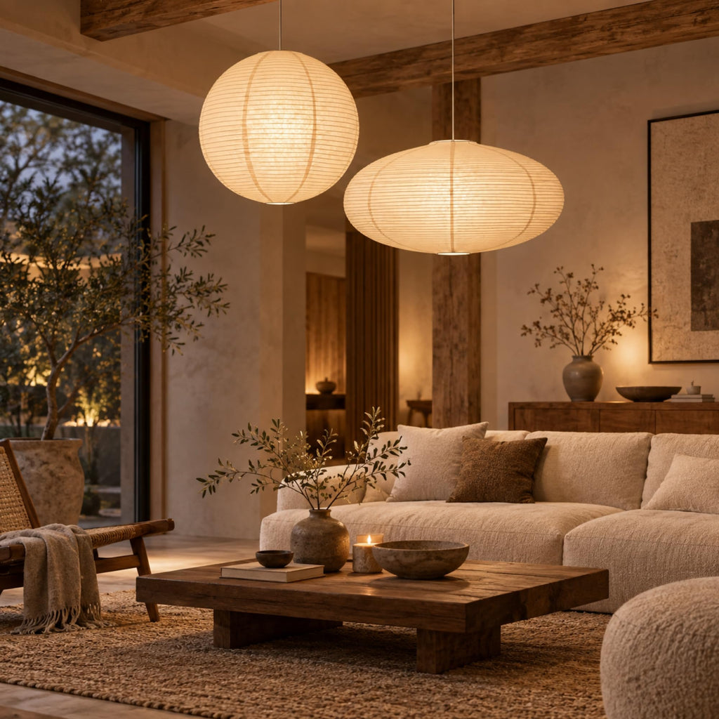 Inspired Noguchi Style 2 Pcs Chinese Paper Lanterns 20 Inch White Lampshade, Large Round and Oblate Pendant Lamp Shade, Rice Paper Lampshade
