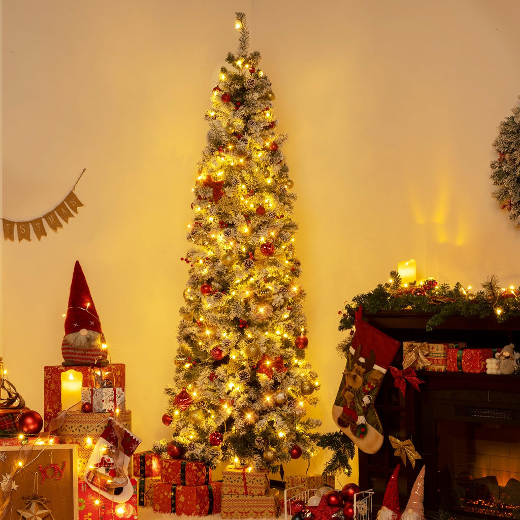 7FT Pre-Lit Snow Christmas Tree with Remote Control and Timer, Snow Flocked Artificial Pencil Christmas Tree with 798