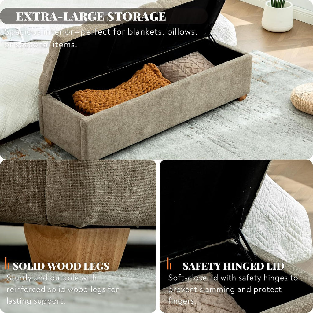 Storage Bench , 60.24'' Tufted King Size Upholstered End of Bed Bench with Wood Legs , Cloakroom, Window, Taupe.