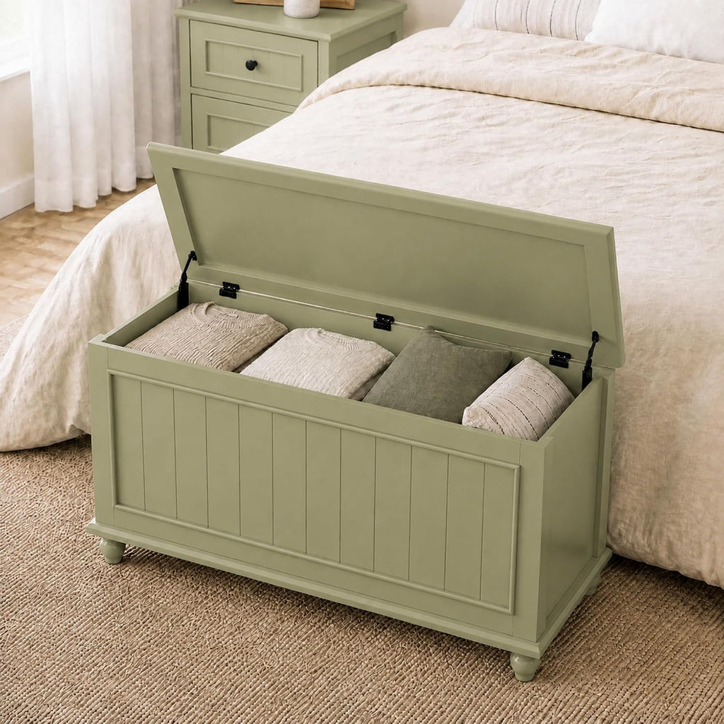 Vintage End of Bed Storage Bench, 39.4'' Wooden Chest with Flip Top, Green | Toy Storage Chest, Bedroom Trunk, 37.6