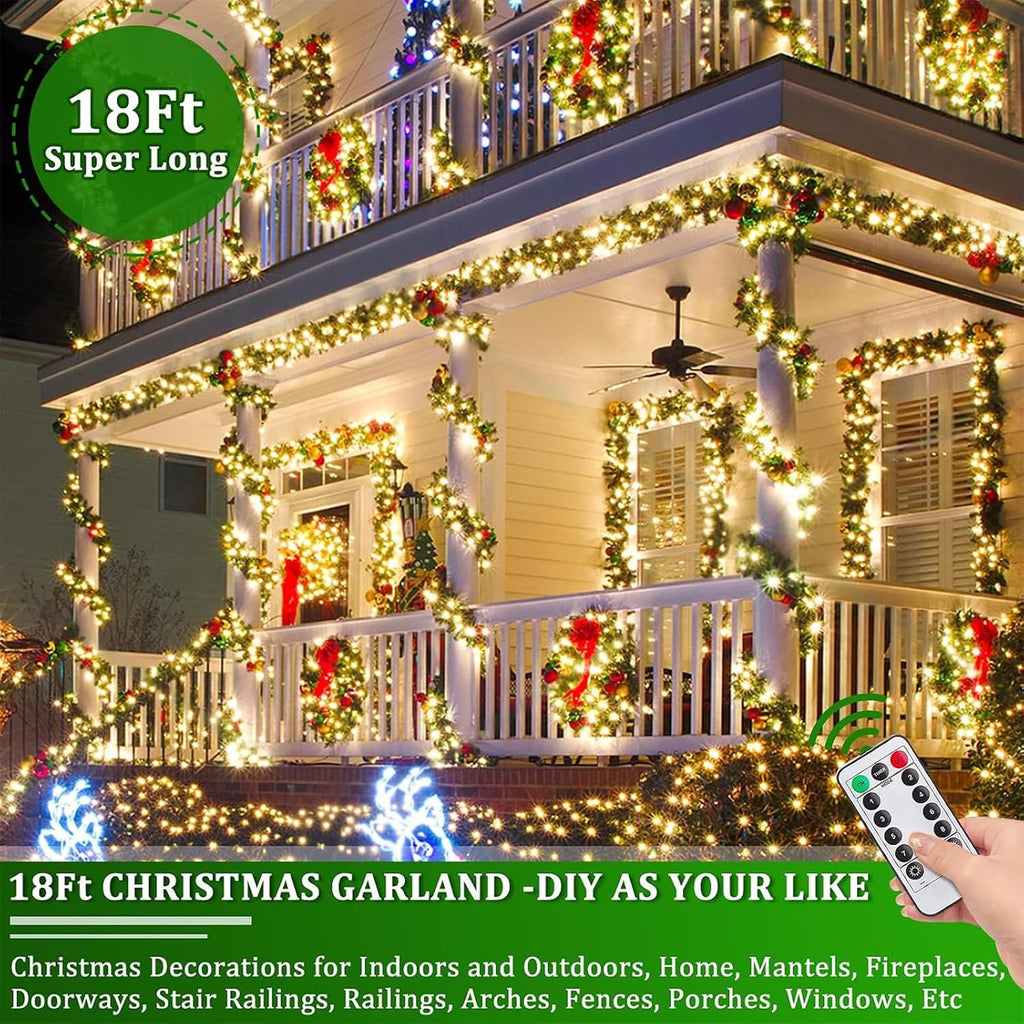 Remote Control&Super Long&8 Modes-18 Ft Prelit Canyon Pine Christmas Garland for Stairs Door Porch Outdoor Indoor
