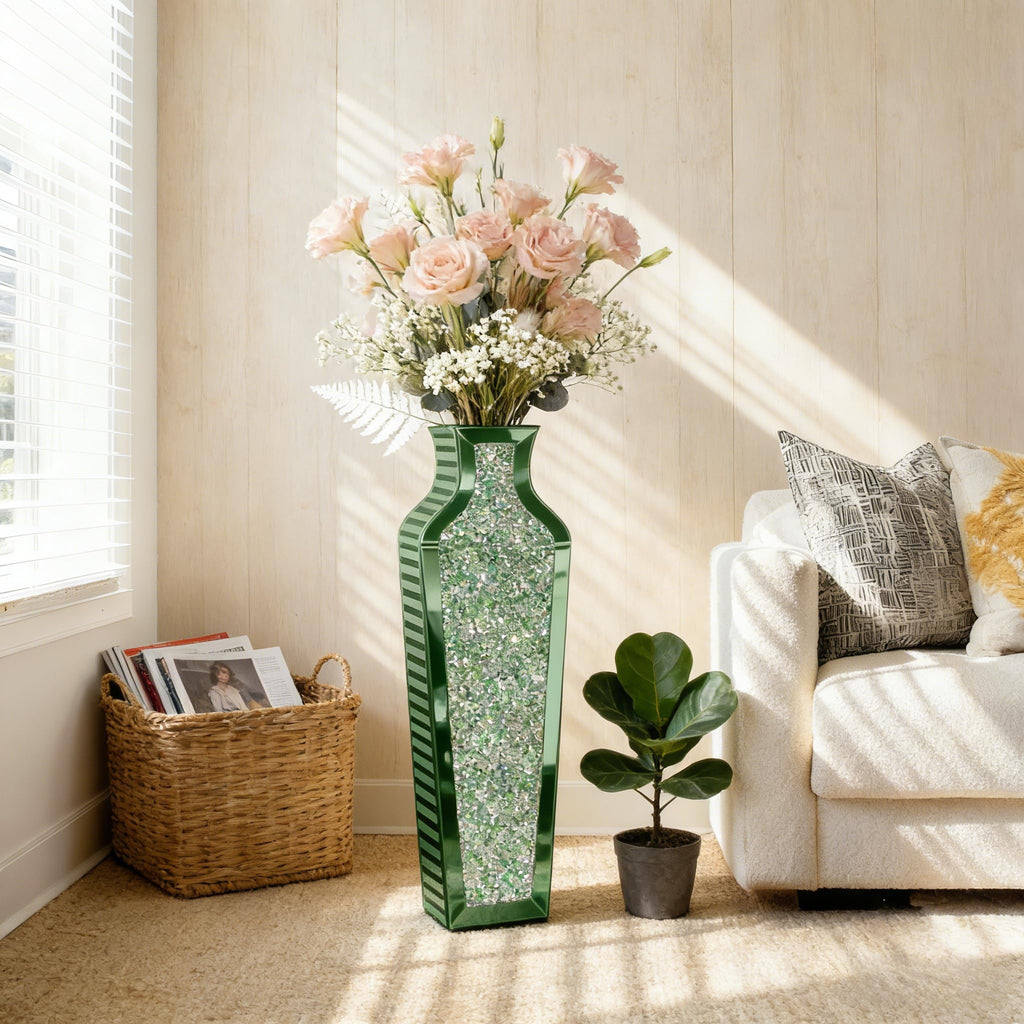 Green Crushed Diamond Floor Vase, Large Mirrored Tall Vases for Floor, Modern Glass Decorative Vases Bedroom Home