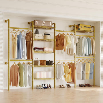 W4 Wall Mounted Clothes Rack, Industrial Pipe Clothing Rack, Gold