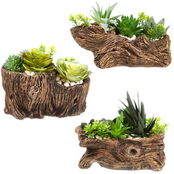 3 Pcs Driftwood Stump Log Concrete Succulent Planter, Classic