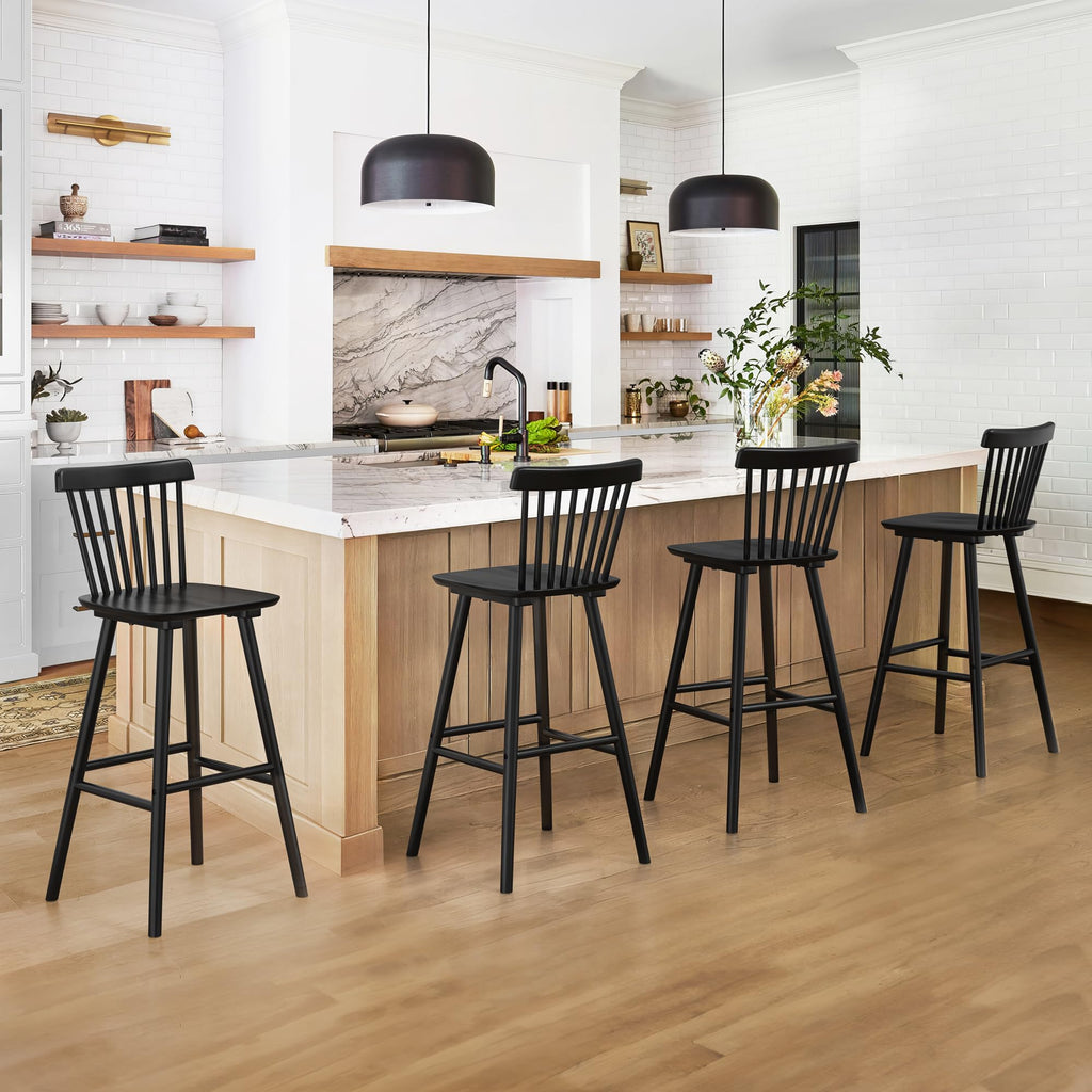 Upgraded Windsor Wooden Black Bar Stools Set of 4, 30 Inch Bar Height Barstools with Spindle Back/Bigger Seat Island