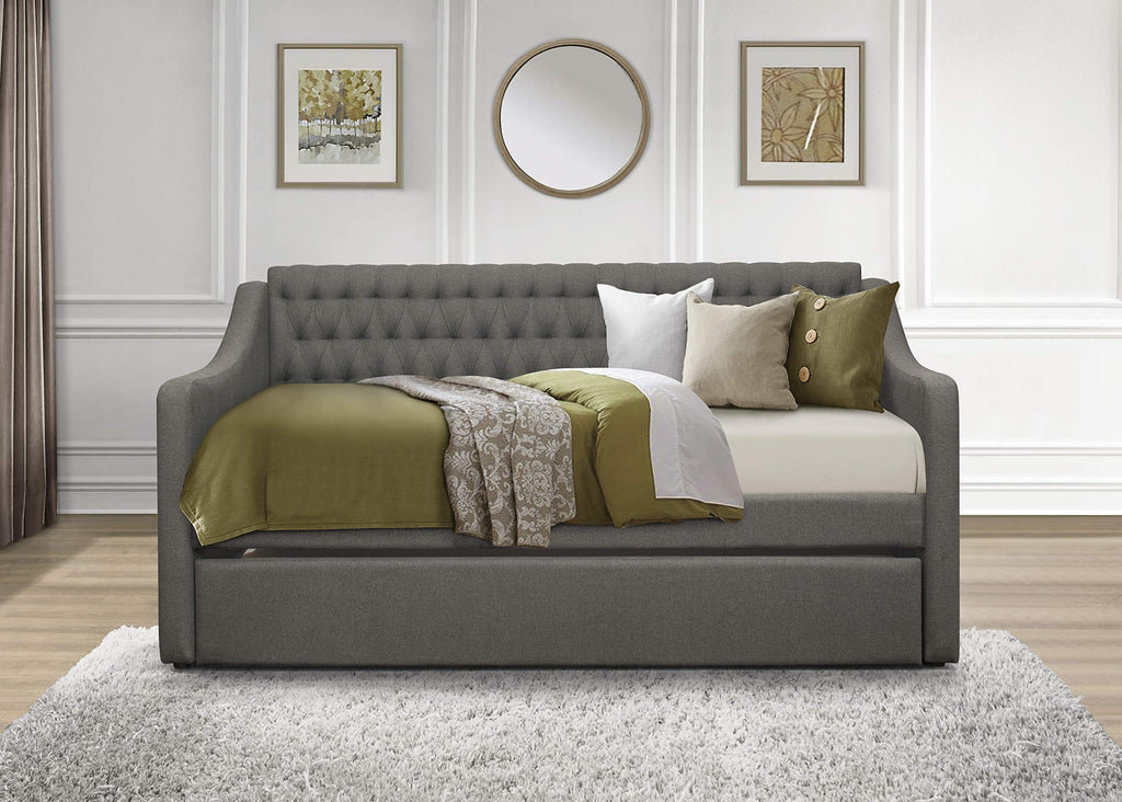 Twin Daybed with Trundle, Button Tufted, Fabric Upholstery, Gray
